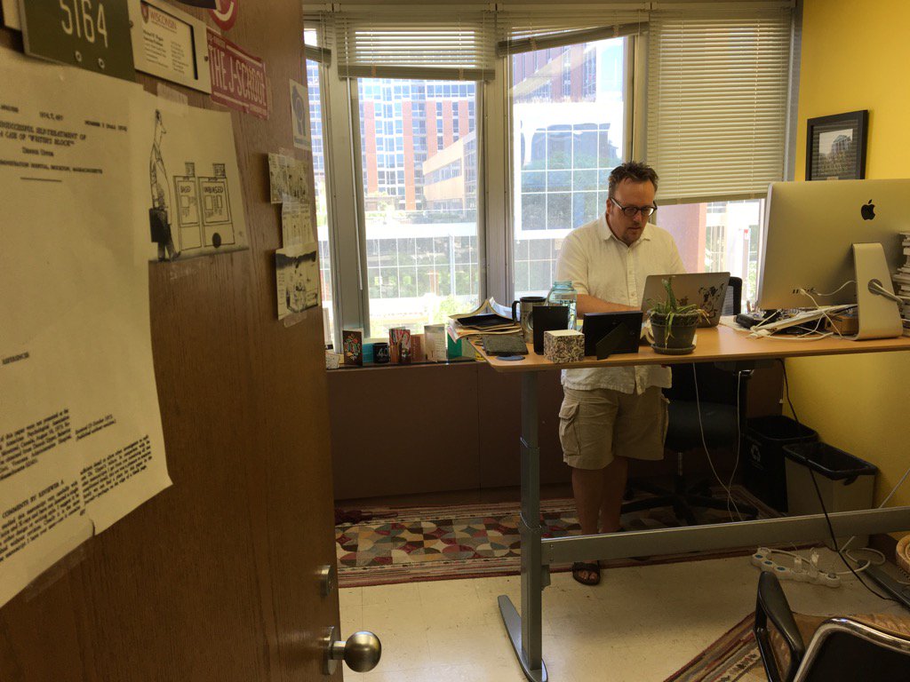 wiscodoug's tweet photo. Sometimes being a prof means a long slog writing a book: Michael Wagner at his J-School office this #uwsummer day. https://t.co/7bVAZUJx1t