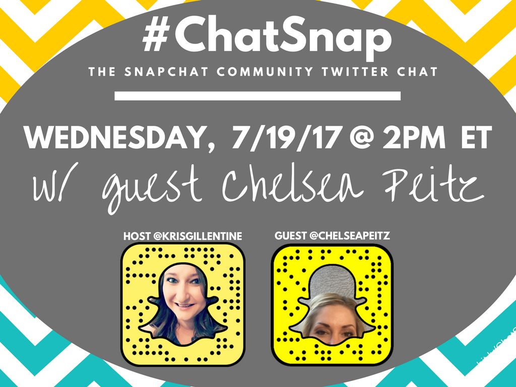 KrisGillentine's tweet photo. No matter where you are, #ChatSnap starts in 1 hour at 2pm ET! We'll discuss #PersonalBranding w/ guest @ChelseaPeitz! Don't miss it :) https://t.co/3d1ad7WQNX