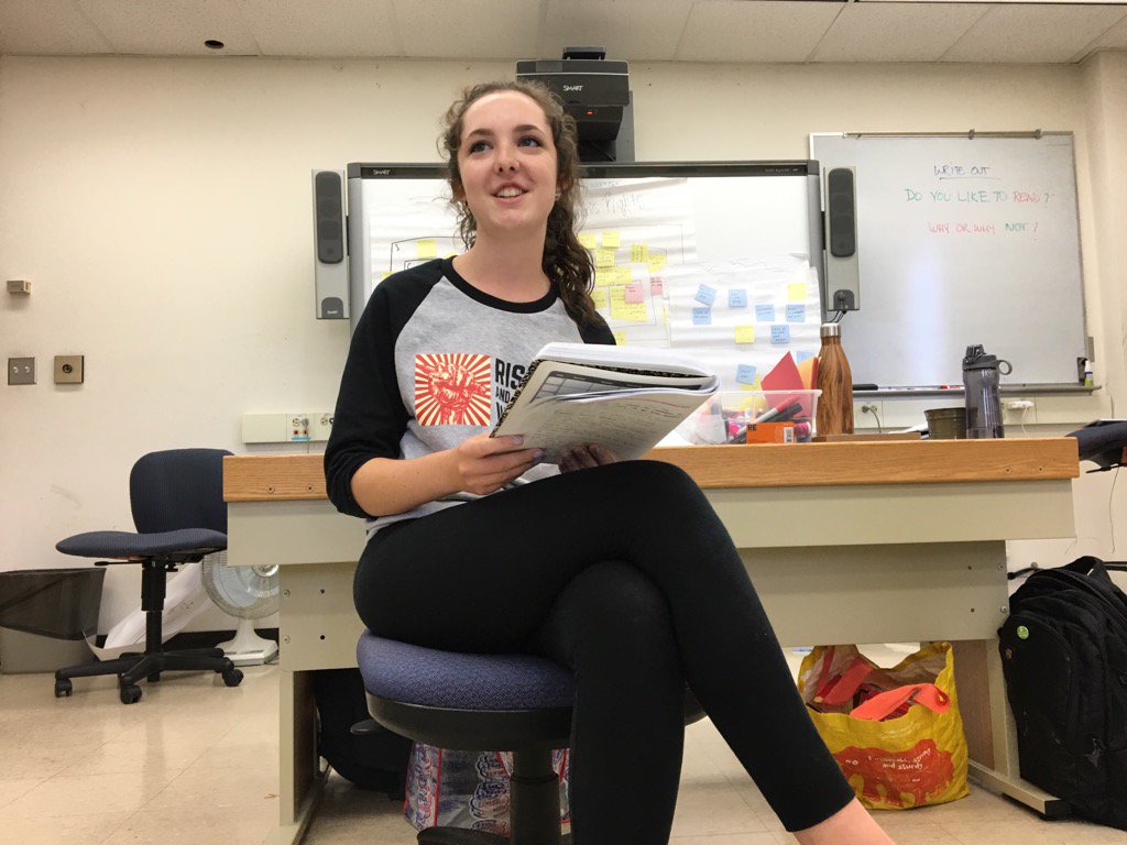 wiscodoug's tweet photo. Ashley Eisler, 16, of DeForest, takes her turn in the "author's chair" at #uwsummer writing camp for high schoolers. https://t.co/eULfa3Uoqy