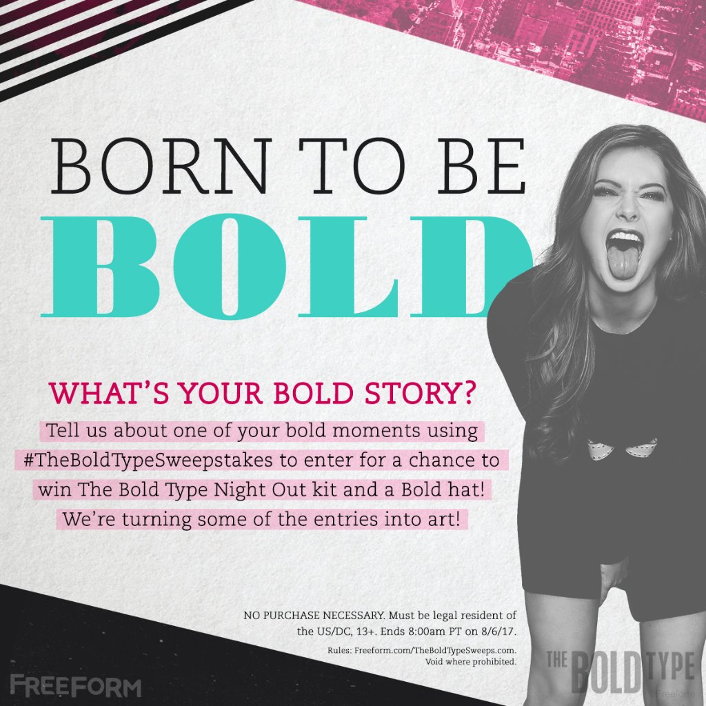 TheBoldTypeTV's tweet photo. Enter #TheBoldTypeSweepstakes for a chance to win #TheBoldType Night Out Kit &amp; Bold Hat. 13+, U.S. Rules: https://t.co/EZRDCUfSSY. Ends 8/6. https://t.co/oXnNNX2L1h