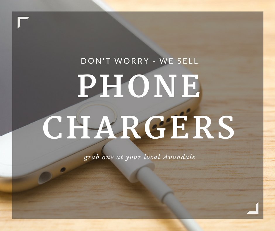 Misplaced your phone charger? Need an extra? We've got 'em! Stop by your local Avondale to stock up.