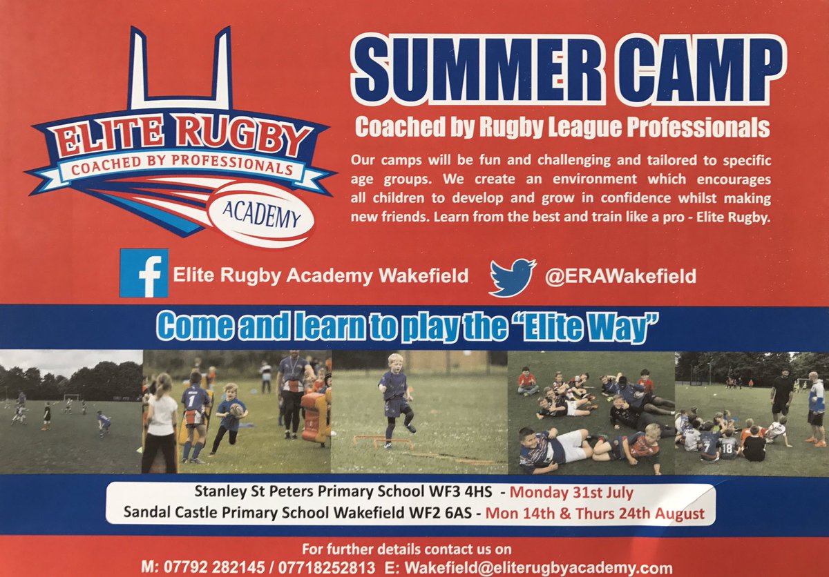 ERAWakefield's tweet photo. Book your child's place now. Places are being booked on all camps. 
Only £20 a day 9am-3pm! @EliteRugbyAcad https://t.co/uzQtr3EPSx