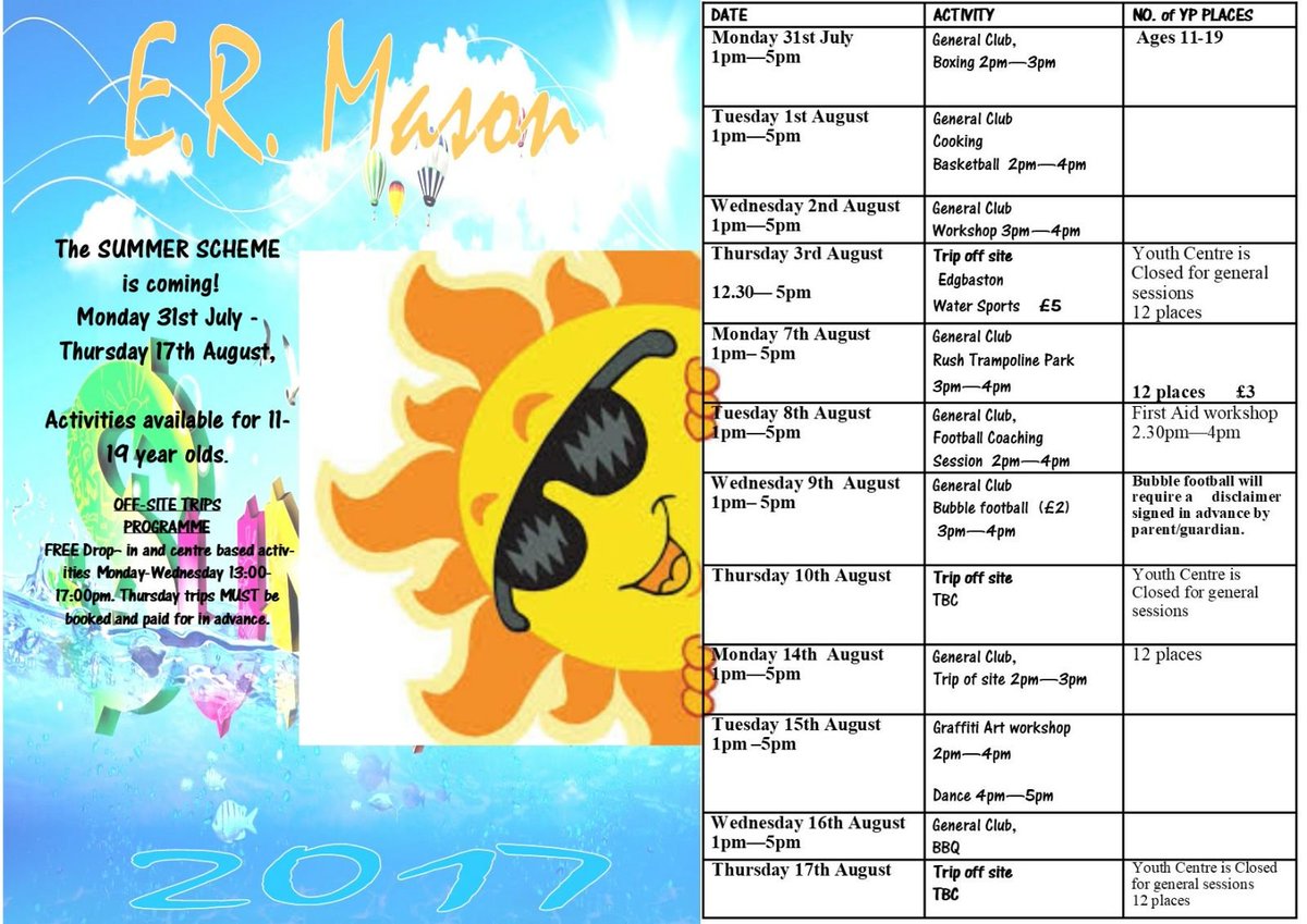 <a href="/ERMasonYC/">E. R. Mason YC</a> # Summer 2017! will be amazing.  Programme starts 31st July. <a href="/BCCYouthService/">BYS Youth Service</a>  <a href="/BhamCareers/">Birmingham Careers Service</a> <a href="/BrumYouthChamp/">BrumYouthChampion</a> @Bret4Northfield