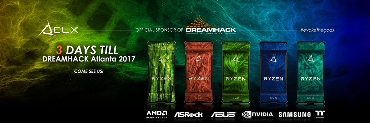 CLXGaming's tweet photo. 3 days until @DreamHack Atlanta 2017 - Are you ready? #DHATL17 #cybertronpc #clxgaming #evokethegods #pcgamer #pcmasterrace #pcgaming https://t.co/SLOYMEVDWU