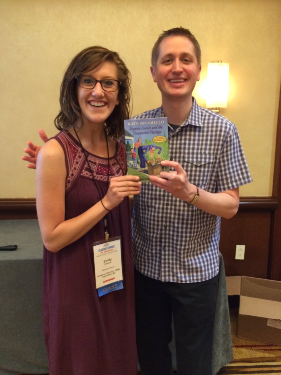 First year teacher geek out - meeting <a href="/MrSchuReads/">John Schu</a> and receiving one of Kate DiCamillo's treasures! Thank you! #ReadingSummit