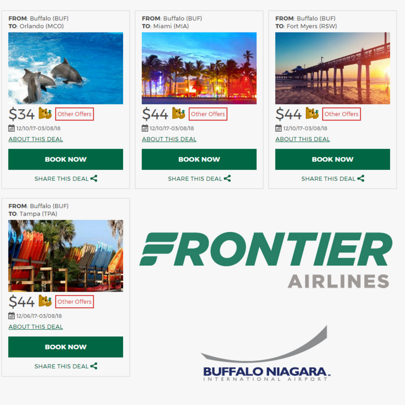 BUFAirport's tweet photo. @FlyFrontier announces new service to #Buffalo with a Fare Sale! #Wanderlust #FlyBuffalo #Miami #Tampa #Orlando #FortMeyers https://t.co/E44GjJvrTm