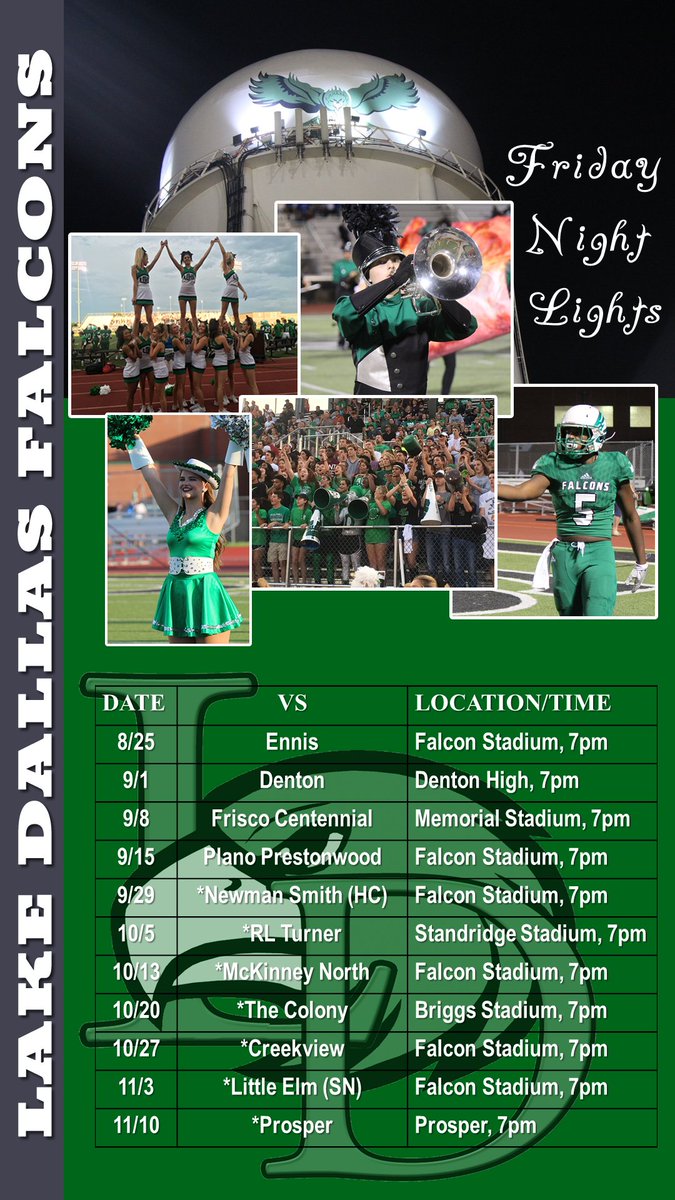 LakeDallasISD's tweet image. Don’t miss a game! Save this LD Falcons Friday Night Lights schedule as your wallpaper. #WeAreLD #BetterTogether