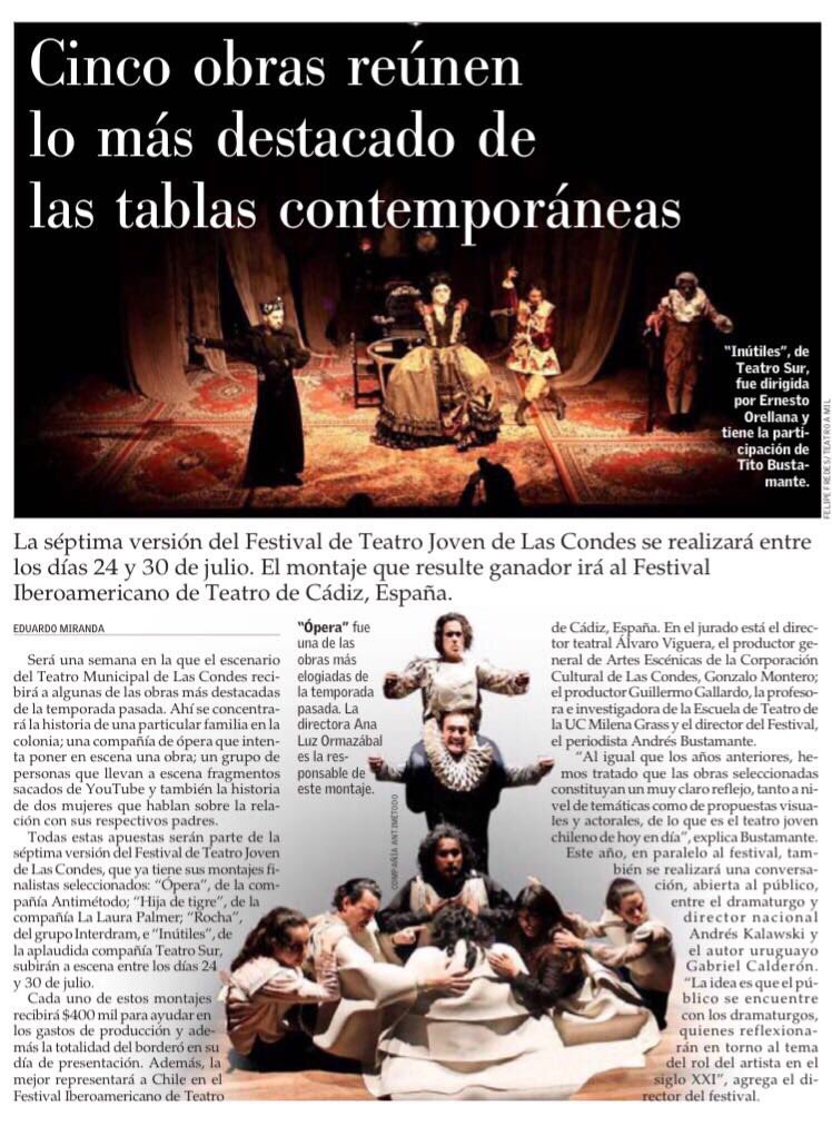 tmlascondes's tweet photo. 5 obras reúnen lo más destacado de las tablas contemporáneas. Nota de @ElMercurio_cl sobre #FestivalDeTeatroJoven 👉
 https://t.co/2QKrhsN9x8 https://t.co/CPhSBwOAng