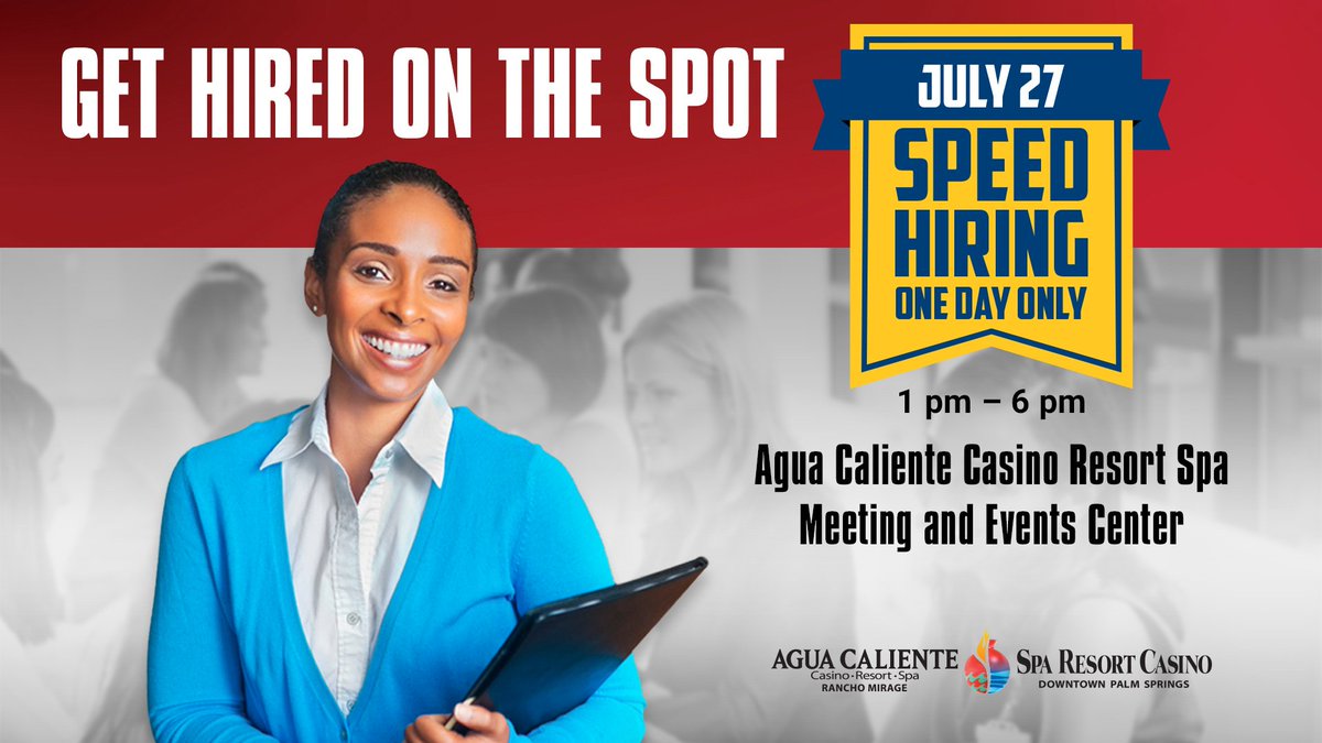 AguaCalienteRM's tweet image. Join our Team! Get #hired on the spot @ our Speed Hiring Event. Complete an application today: bit.ly/2tJVJqH | @SpaResortCasino