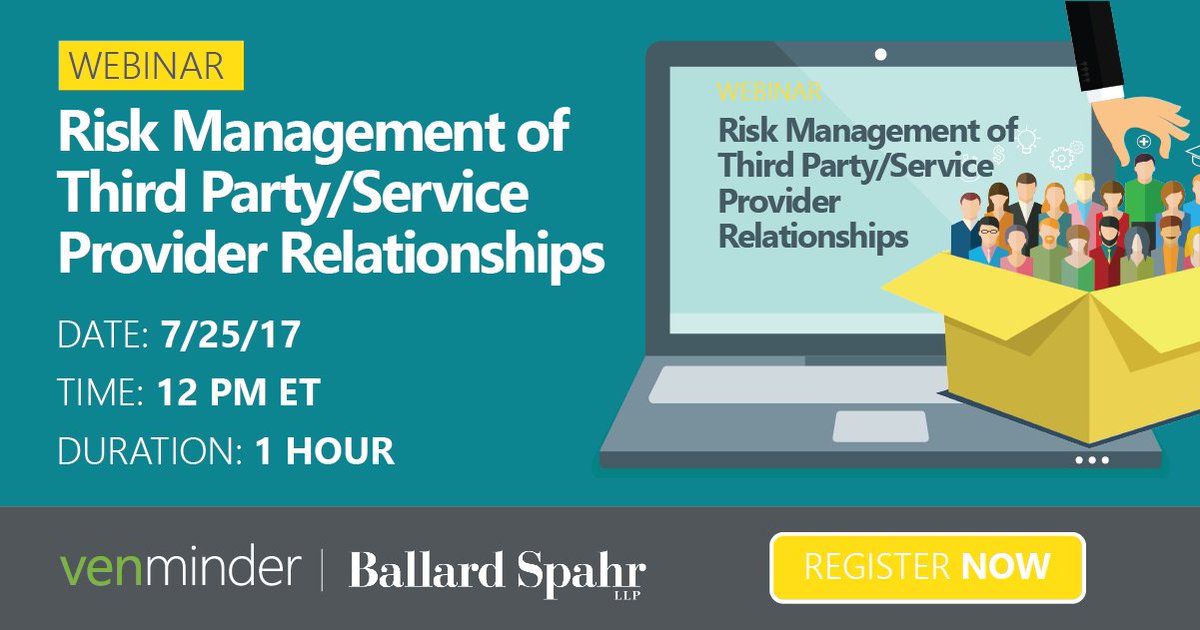 venminder's tweet photo. Register to @BallardSpahrLLP July 25 webinar for latest #thirdpartyrisk regulatory expectations &amp; how to comply. https://t.co/h9k3WR7dTh https://t.co/TTFAZxxDt4