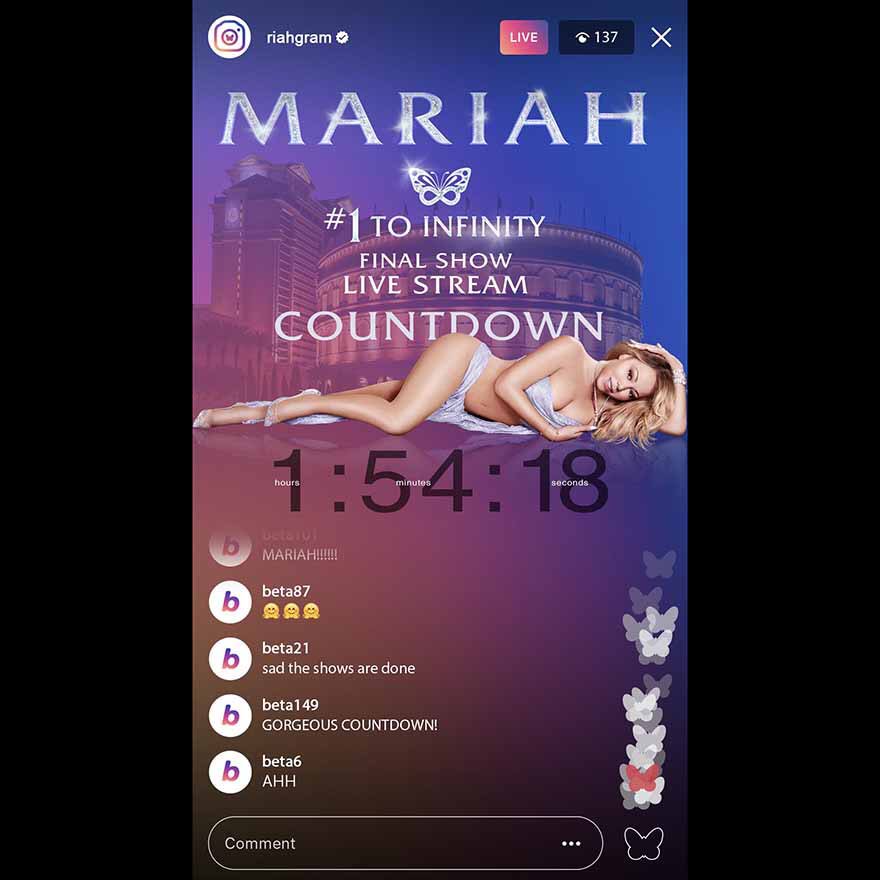 riahgram's tweet photo. .@mariahcarey's FINAL Vegas show #1toinfinity starts in under 2hrs! - screenshot from Riahgram LIVE countdown! #mariahcarey #riahgram https://t.co/jnXxEq30wb