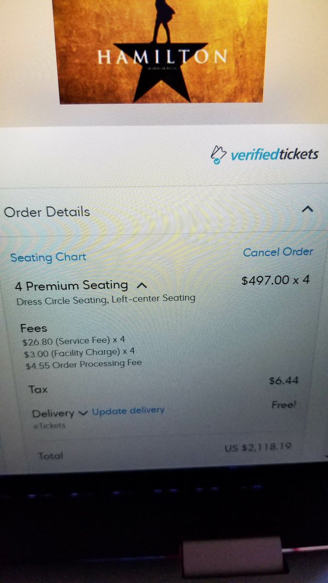 Sugjoshtions's tweet photo. @Ticketmaster :Sept @HamiltonMusical Chi tix @ 4x original + $32fees/ea?
$2k+ for family of 4! #cantaffordHamilton
@Lin_Manuel @leslieodomjr https://t.co/ijwwfTZvn1