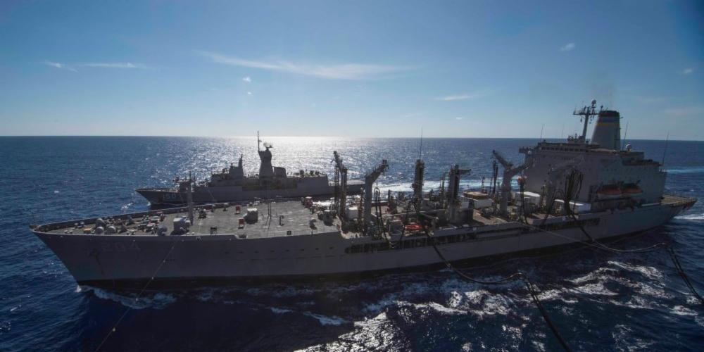MT @Australian_Navy: #USNSRappahannock fuels @LHD6BHR and #AusNavy's HMAS Anzac, during #TalismanSaber replenishment-at-sea.
