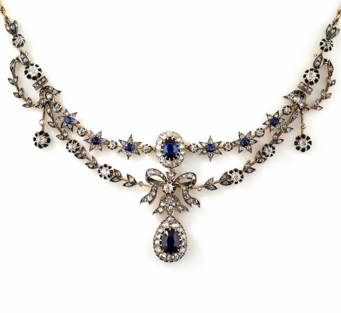 Choukilly's tweet image. Victorian sapphire and diamond necklace, mid 19th century