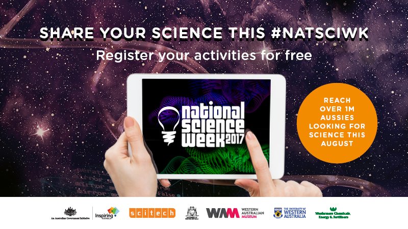 ScitechWA's tweet photo. This year marks the 20th birthday of @Aus_ScienceWeek! Happening 12-20 August, register your WA event: https://t.co/Y4KaAAzUcq #natsciwk https://t.co/ChHlLh4981