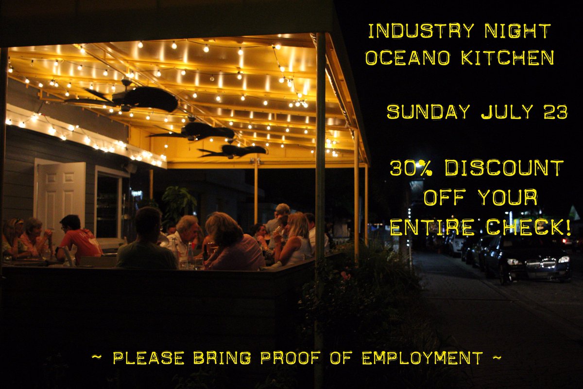 oceanokitchen's tweet photo. Attention all friends in hospitality biz! INDUSTRY NIGHT Sunday July 23- 1 night only! 30% off entire check with proof of employment 5:30 PM https://t.co/hwyzg4FaG6