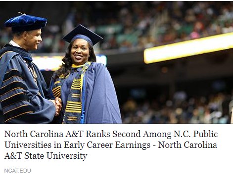 In new @MONEY rankings, A&amp;T grads earn more right after school than all but 1 other public NC univ. bit.ly/2tn6WyZ