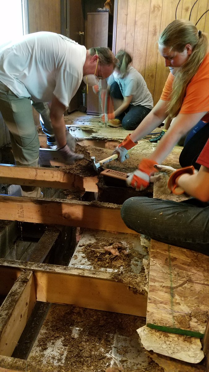 Matthew13Serves's tweet photo. Day two got a lot more hands on. Finishing the ceiling beams then removing the subfloor and putting down new insulation https://t.co/CHLJGriNxC