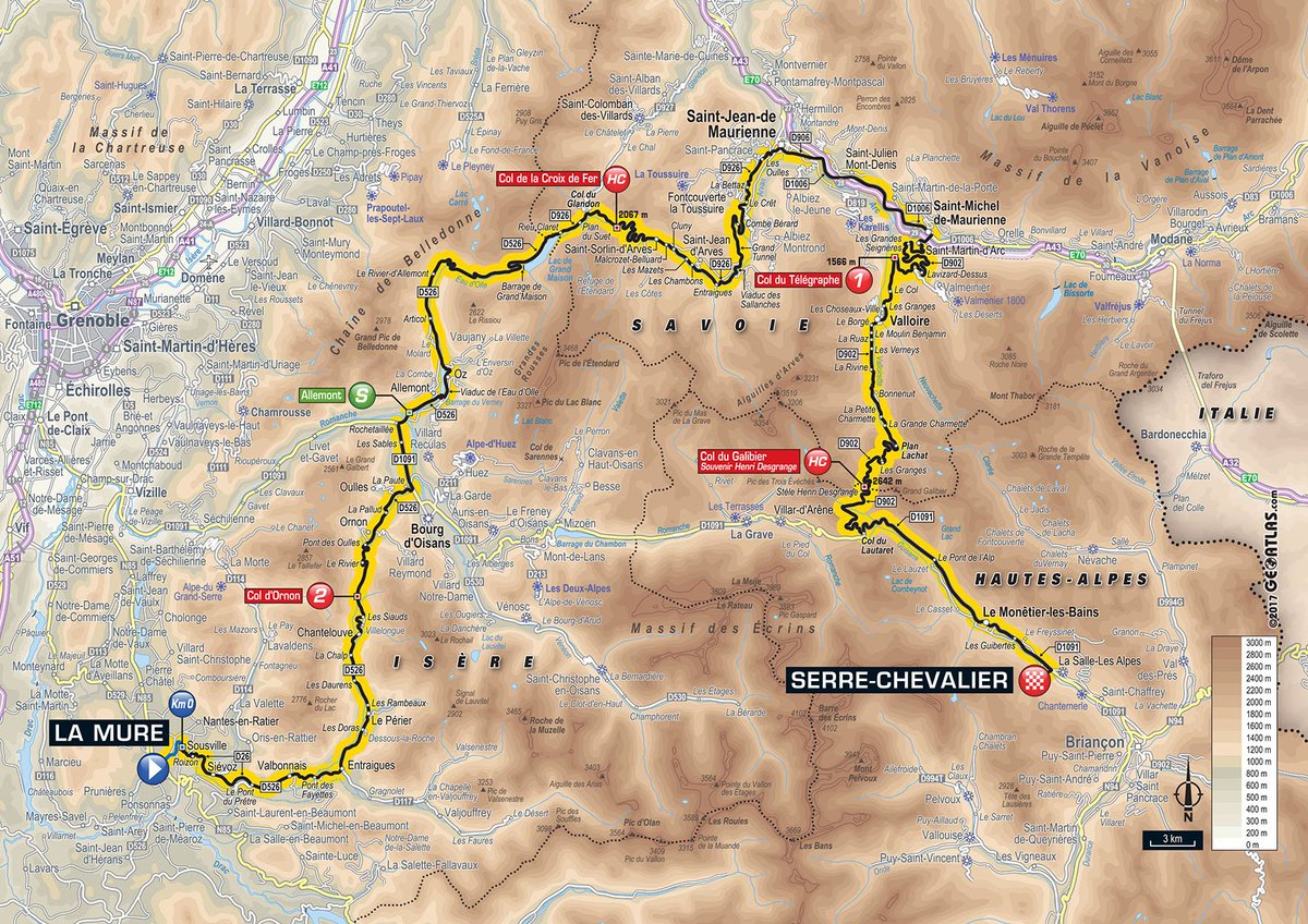 LeTour's tweet photo. Etape 17 - 🚩La Mure > Serre-Chevalier 🏁

🚴 183km
🕒 Départ : 12h20
📺 Diffusion TV : France TV 12h00
Voilà les Alpes ! 🏔🏔🏔

#TDF2017 https://t.co/ZJ4kRX058G