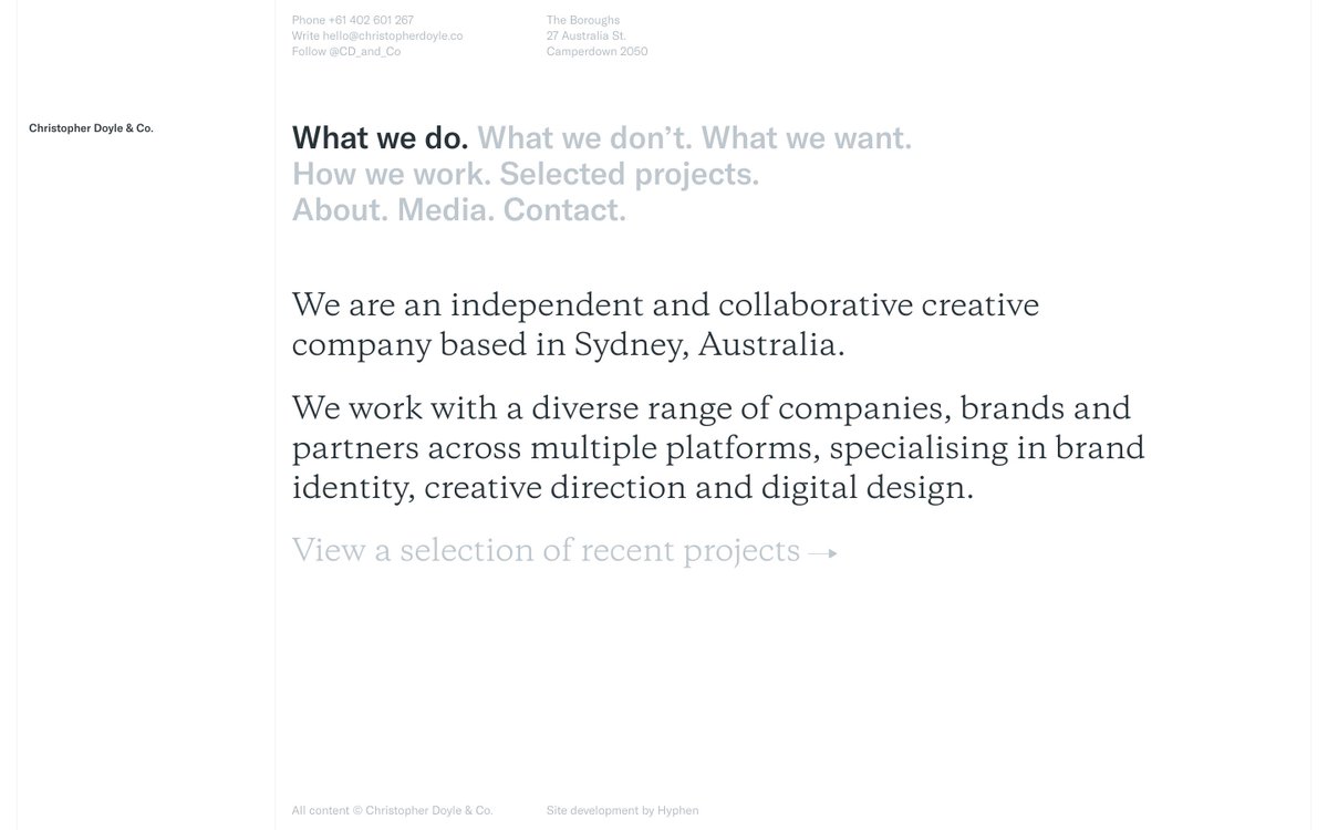 httpster_'s tweet photo. Featured Website: Christopher Doyle &amp; Co https://t.co/z5qCSR3vzr
Kudos: @hellohyphen @CD_and_Co https://t.co/dfyd7WEMjr