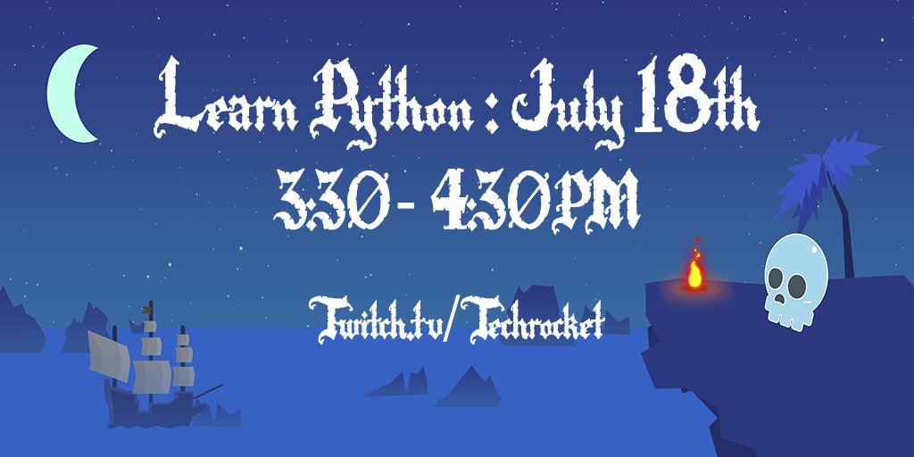 TechRocket's tweet image. We're live in 5 minutes with a #free #Python #programming lesson for #kids and #teens! twitch.tv/techrocket #coding