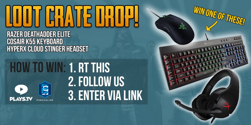 OfficialPlaysTV's tweet image. Don&apos;t miss out on this loot crate! Follow us &amp;amp; @pubgonline, RT this and click this link to enter: gleam.io/2fwqf/playstv-… … 🐔#PUBG