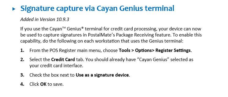 PostalMate's tweet photo. #TechTuesday: If you use the Cayan™ Genius® terminal for credit card processing, your can now capture signatures in #PostalMate https://t.co/XKPTjXbBz1