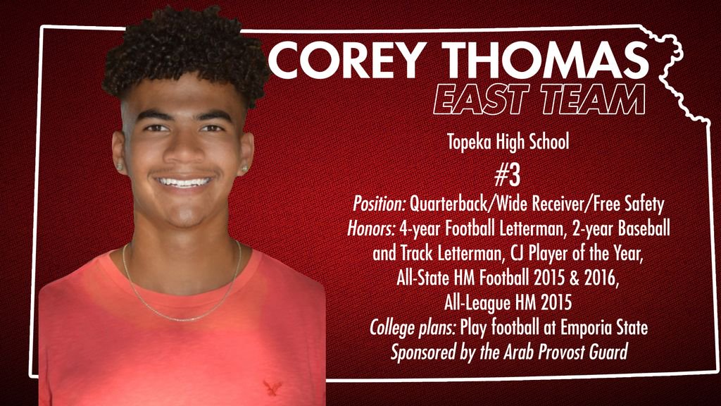 KSShrineBowl's tweet photo. Check out @corey_Thomas12 from Topeka! He'll represent #EastSquad in #ShrineBowl44. https://t.co/03iRPdoTzx