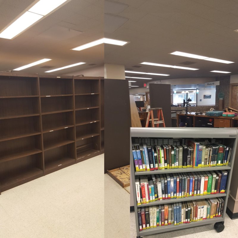 Space shift in action now! We have new #bookstacks at the front desk #greystack #AccessServices #FacilitiesMgmt #libraryfun #coursetextbook