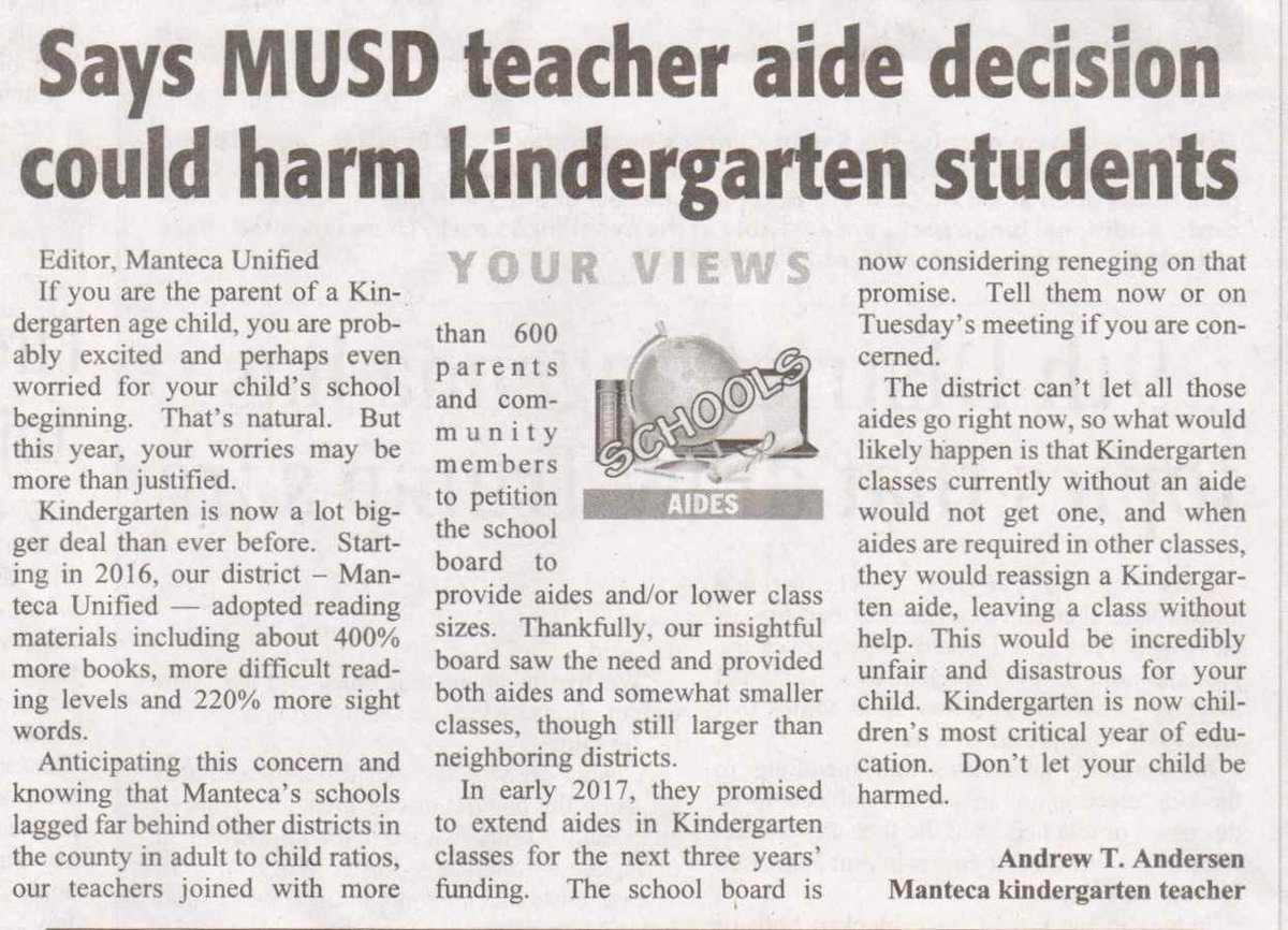 MantecaEducator's tweet photo. Letter from our own Andy Andersen. Support the aides &amp; kids of MUSD tonight at 7 pm! See you there! 
#KINDERMATTERS
#SUPPORTPUBLICEDUCATION https://t.co/NL668O04FH