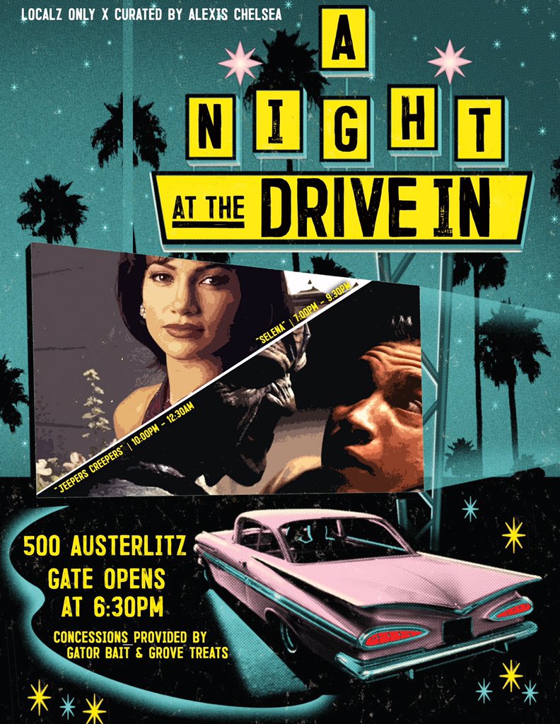 AlexisChelsea93's tweet photo. Me &amp; @iKr3wcial came together to provide a Drive-In Movie vibe. &amp; we're watch SELENA &amp; Jeepers Creepers. Concessions provided by Gator Bait🎞 https://t.co/XpaIwgvHl3