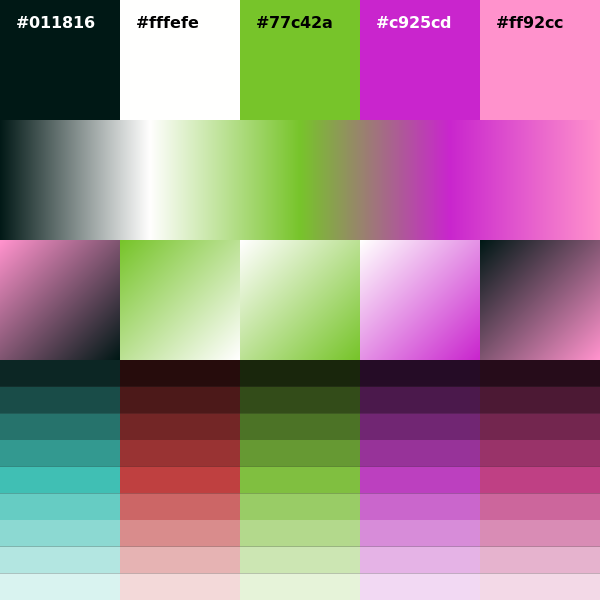 palett_es's tweet photo. #011816 #fffefe #77c42a #c925cd #ff92cc #generative #design #colors #colorScheme #palette Download it from: https://t.co/FvcF9P2aHs https://t.co/wVsPLa6fgF