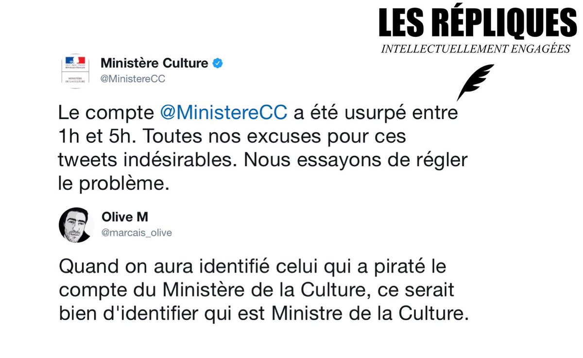 Les_Repliques's tweet photo. Les excuses du @MinistereCC après le piratage de son compte Twitter et les messages insultants

@marcais_olive https://t.co/3t9I5JGGVd