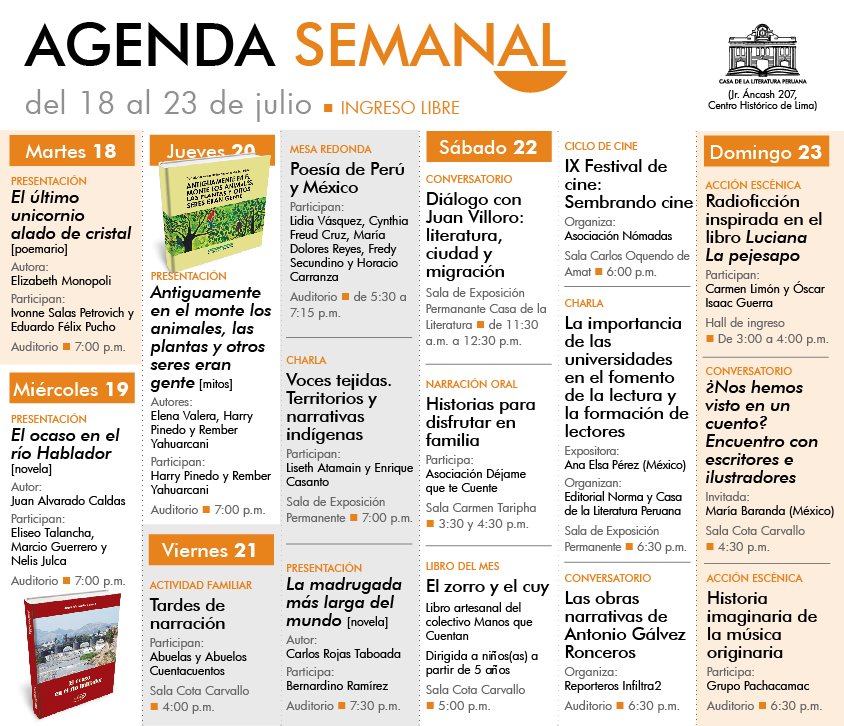 casaliteratura's tweet photo. Estas son todas las actividades que tendremos esta semana. Los esperamos de martes a domingo de 10 a.m. a 7 p.m. #IngresoLibre https://t.co/VmSZDdiPJx
