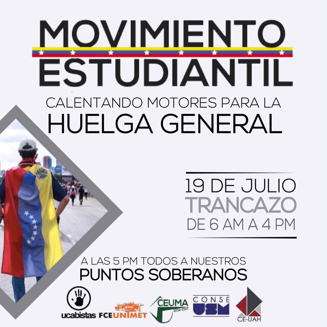 ucabme's tweet photo. Mañana #19J desde las 6 AM nos volcamos a las calles a trancar. ¡La dictadura no podrá detener a un país que decidió rebelarse! https://t.co/6UR0l27kJ2