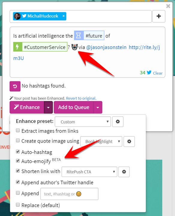 RiteBoost's tweet photo. Monster update by @melzarei: Auto-Emojify option in Enhance (#RitePush ๐ and #RiteForge ๐ข). Coming to mobile apps in a few weeks! https://t.co/4diNendFD3