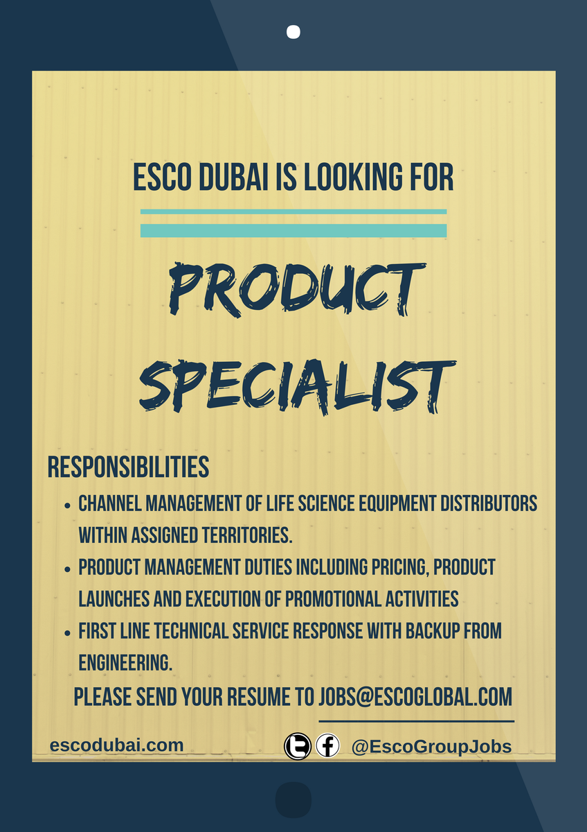 EscoGroupJobs's tweet photo. Esco Dubai is looking for a Product Specialist! Be part of our world class team now! 

#Career #CareerFirst #JobOpportunity #JobHunting https://t.co/dVENtfqR5P