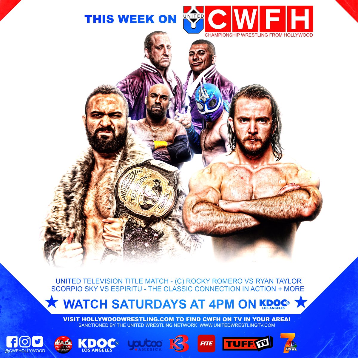 CWFHollywood's tweet photo. THIS WEEK ON #CWFH - United TV Champ @azucarRoc vs @RyanTaylolz, Scorpio Sky vs Espirítu, Classic Connection &amp; more! https://t.co/RrUSx9NMIR https://t.co/riJkNOsAsp