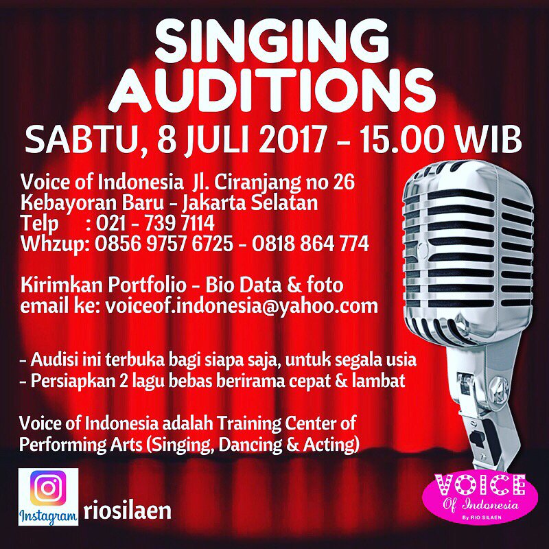 AUDISI NYANYI utk sgala usia. Join VOICE of INDONESIA - Performing Arts. Sing, Dance, Act. SABTU, 5 AGS. Cek info!