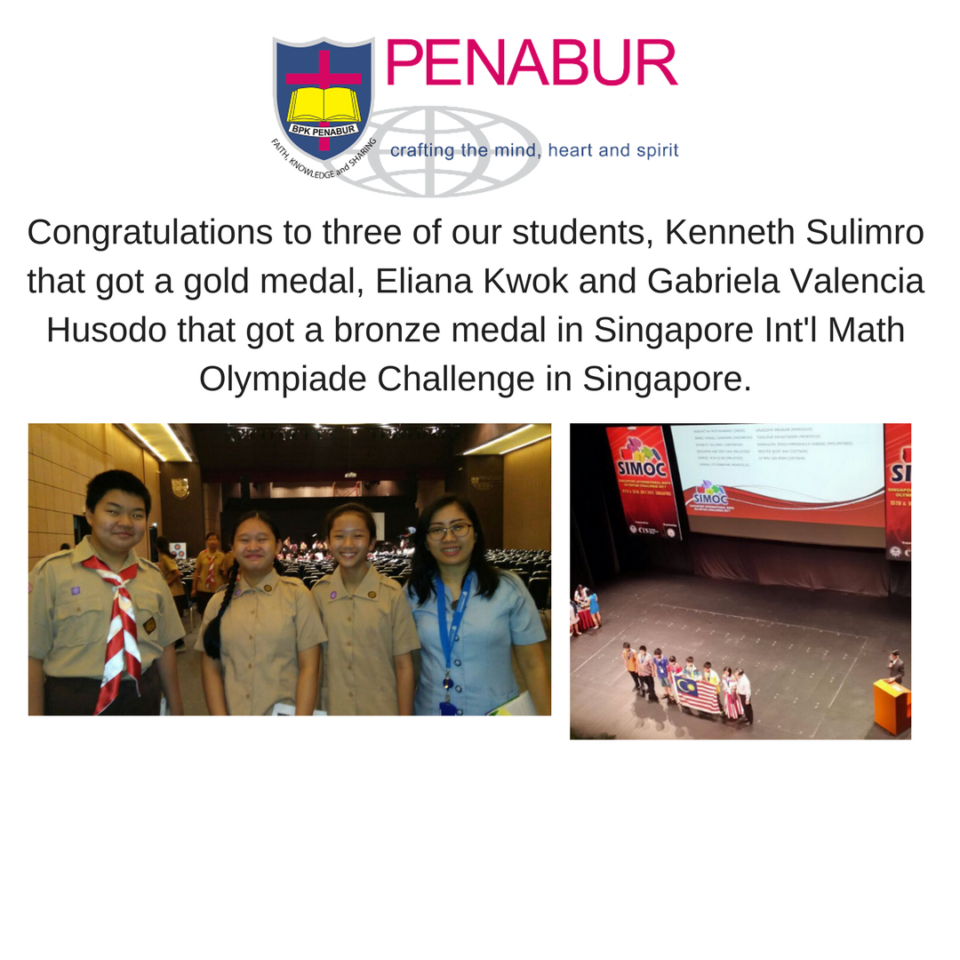 pis_kg's tweet photo. Congrats! Kenneth Sulimro (Gold Medal Winner), Eliana Kwok and Gabriela Valencia Husodo (Bronze Medal Winners) in SIMOC2017 #PSKG #PENABUR https://t.co/DtPirbo18c