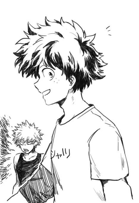 デクくん横顔どうなってんの?(主に髪)と思って描いた練習絵。緑谷くんに声かけるともれなく機嫌悪くなるかっちゃん付! 