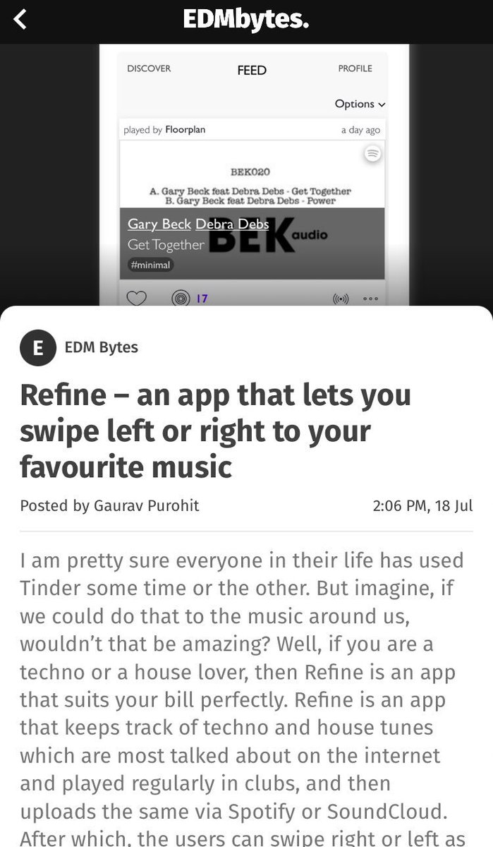 EDMbytes's tweet photo. Finally an app that lets you swipe left or right to trending music.
Say Hello to @refinemusic 
Available for download on app store https://t.co/e5WMDrmAHC