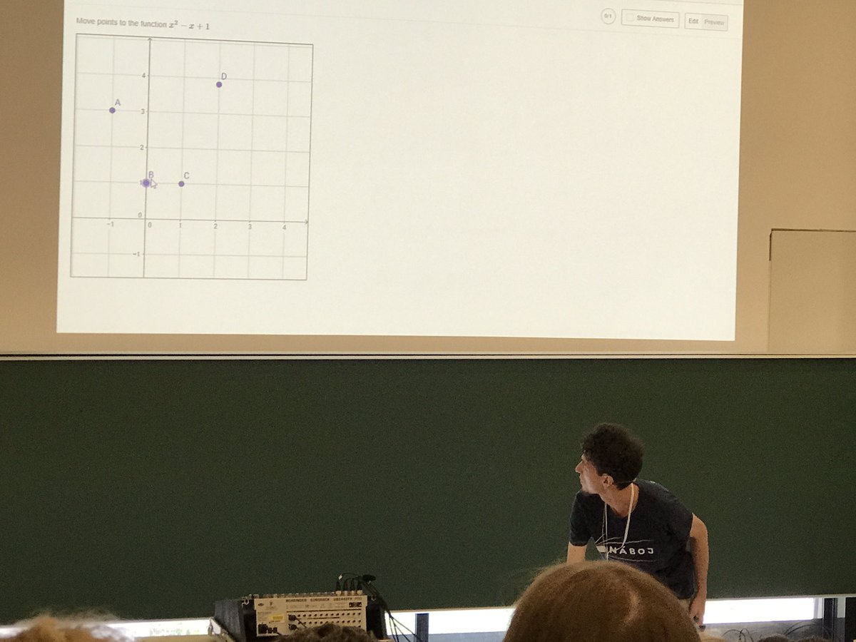 TimBrzezinski's tweet photo. @zbynek_geogebra rocking the house demonstrating @geogebra integration w/ @learnosity platform 😎#ggbconf2017 #edtechchat #mathtech https://t.co/uYH6SPKJ4R
