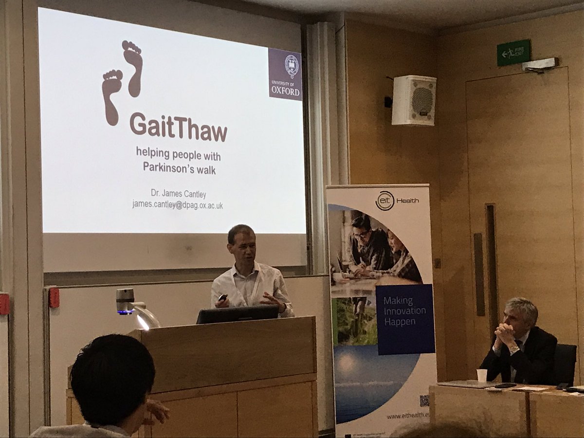 TechnologyFreed's tweet photo. James Cantley talks about GaitThaw, his novel solution to improve life for Parkinson's sufferers. @OxfordBiodesign #eit17 #startedinoxford https://t.co/9aLefemA8i