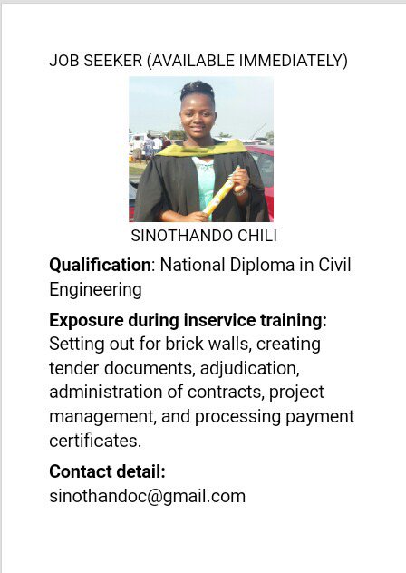 Thabiso_Dlamini's tweet photo. Civil Engineering Graduate looking for employment. #HireSinothando #HireAGraduate #JobSeekersWednesday https://t.co/OtHap0qlvP