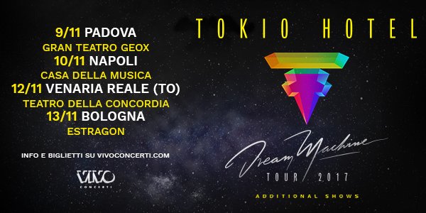 VivoConcerti's tweet photo. #TokioHotel 4 date a novembre! Biglietti prima di tutti solo con il Vivo Club di domani https://t.co/2vY87jtXsV! #VivoEsciTokioHotel https://t.co/sfbtR0qHgr