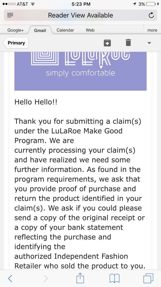 moer0x's tweet photo. @FTC hundreds of were promised this, now hundreds of us get  this email stating we to add more proof #help #refundsforallLularoe https://t.co/IIlOCeJh6a