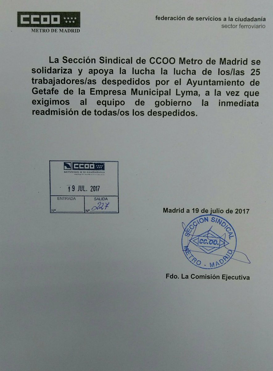 Todo nuestro apoyo desde <a href="/CCOO_FER/">CCOO FERROVIARIO</a> . Readmisión ya. <a href="/CCOOMETROMADRID/">CCOO METRO MADRID</a> <a href="/CCOOMetroBCN/">CCOO Metro de Barcelona</a> <a href="/ccoometrobilbao/">CCOO Metro Bilbao</a>