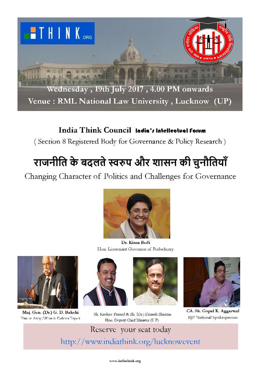 thekiranbedi's tweet photo. Today in Lucknow on the invitation of India Think Council @indiathinkorg in Association with RML National Law University @myogiadityanath https://t.co/d8dJ4vW83q