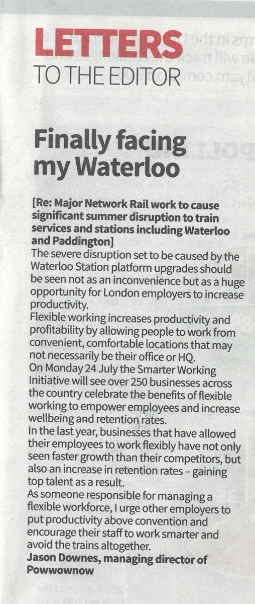 BCITFC's tweet photo. "Employers should see Waterloo disruption as an opportunity to increase productivity" @JasonJDownes @Powwownow @Smarter_Working for @CityAM https://t.co/CdnVUOEfnw